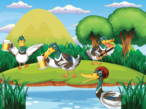 Outdoor scene with cartoon ducks