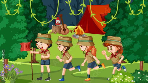 Scout kids hiking in the forest
