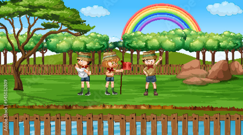 Scout kids hiking in the forest