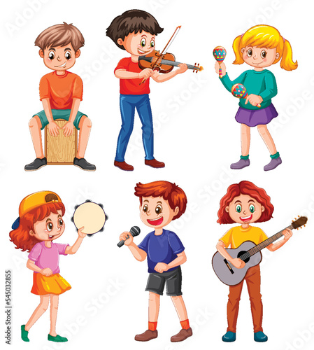 Set of kids playing different musical instrument