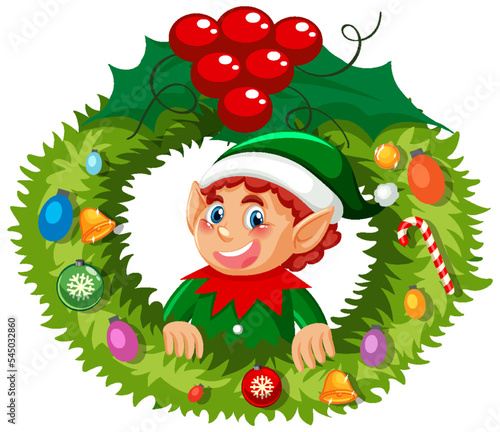 Elf Christmas wreath in cartoon style