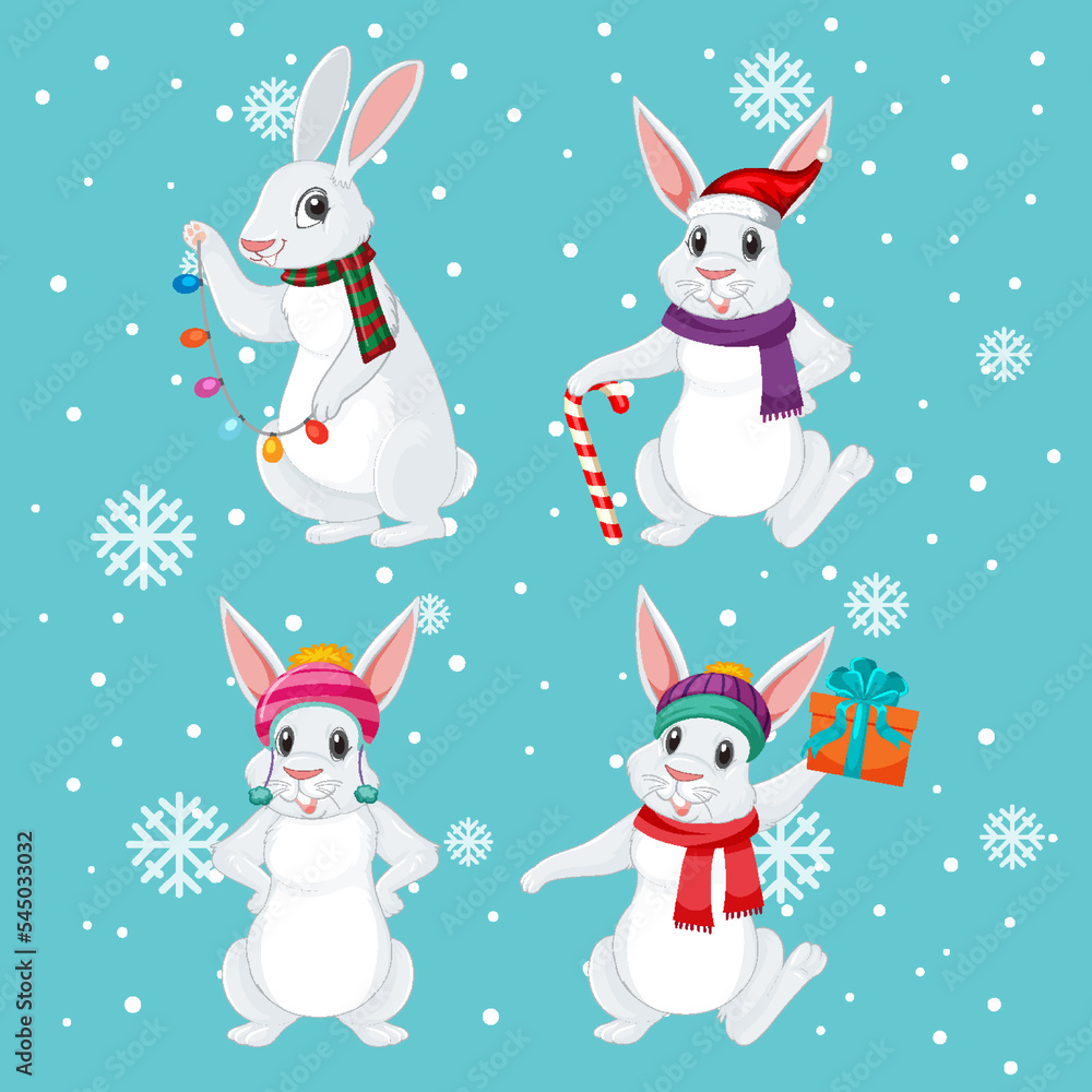 Four rabbits in Christmas theme Four rabbits in Christmas theme