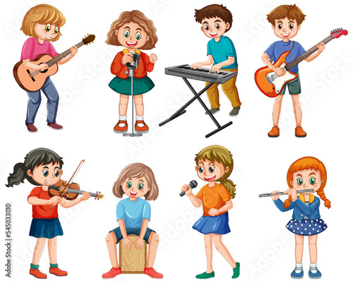Set of kids playing different musical instrument
