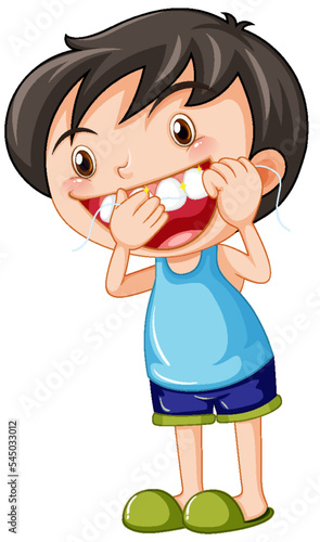 Cute boy cartoon character flossing teeth