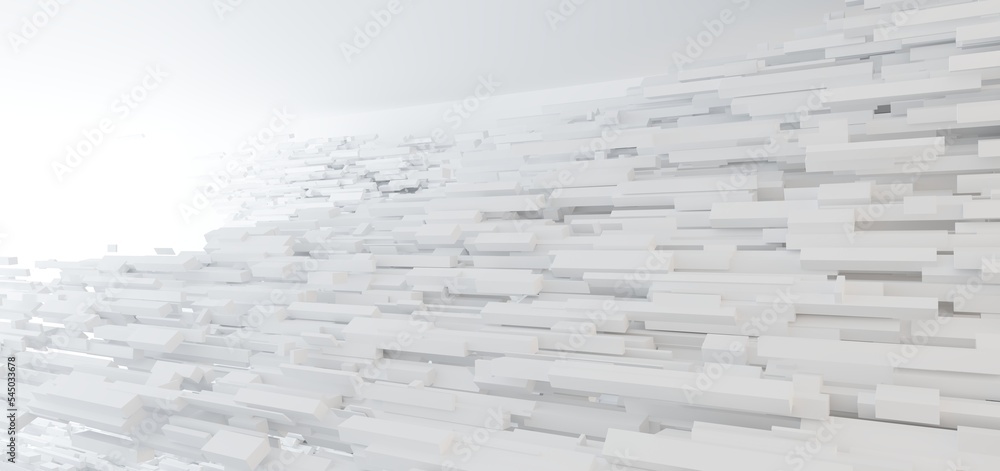 Luxury white abstract architectural minimalistic background. Contemporary showroom. Modern exhibition stand. Empty gallery. Backlight. Polygonal Graphic Design. 3D illustration and rendering.