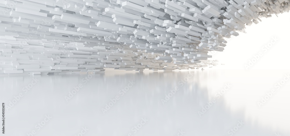 Luxury white abstract architectural minimalistic background. Contemporary showroom. Modern exhibition stand. Empty gallery. Backlight. Polygonal Graphic Design. 3D illustration and rendering.