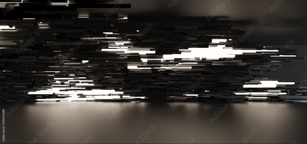 Luxury parametric abstract architectural minimalistic background. Contemporary showroom. Modern black exhibition tunnel. Empty gallery. Neon backlight. Night. Space. 3D illustration and rendering.