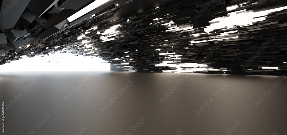 Luxury parametric abstract architectural minimalistic background. Contemporary showroom. Modern black exhibition tunnel. Empty gallery. Neon backlight. Night. Space. 3D illustration and rendering.