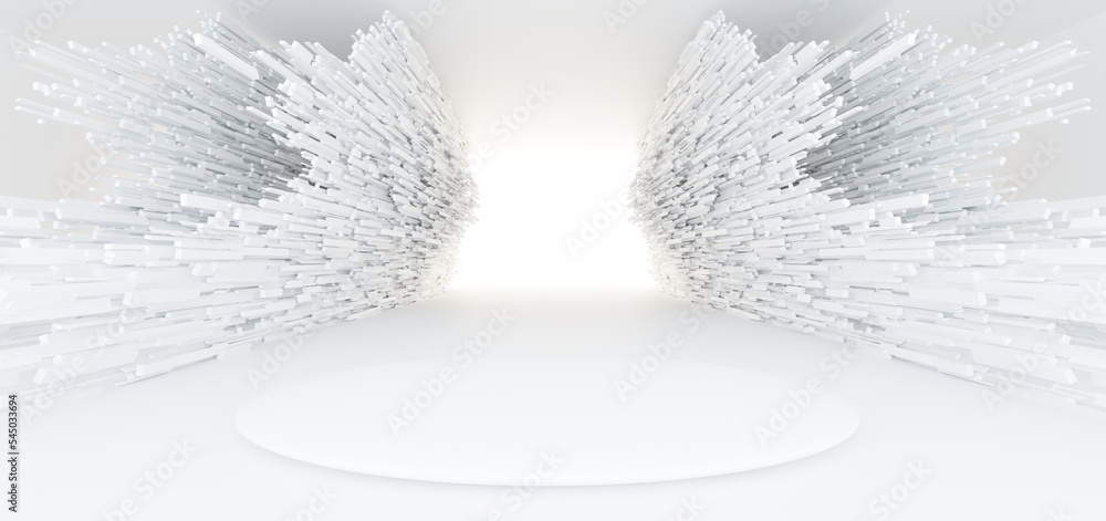 Luxury white abstract architectural minimalistic background. Contemporary showroom. Modern exhibition stand. Empty gallery. Backlight. Polygonal Graphic Design. 3D illustration and rendering.
