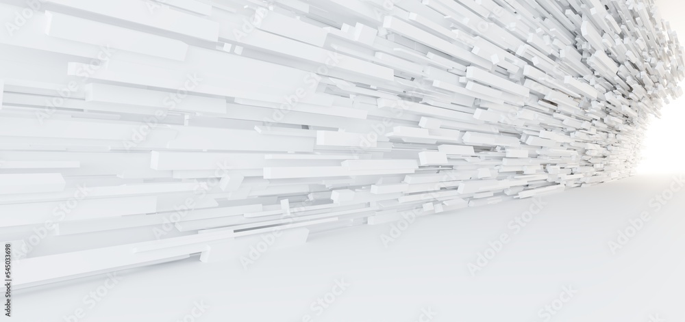 Luxury white abstract architectural minimalistic background. Contemporary showroom. Modern exhibition stand. Empty gallery. Backlight. Polygonal Graphic Design. 3D illustration and rendering.