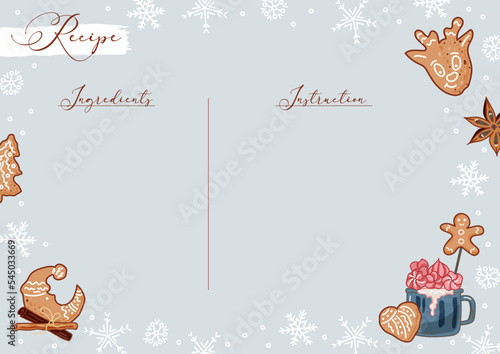 Christmas holiday baking recipe template with hot cocoa and gingerbred cookies. Copy space for ingredients and instructions. Vector illustration.