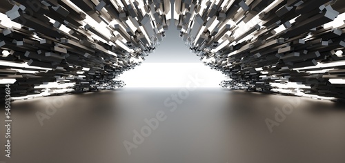 Obraz na płótnie Luxury parametric abstract architectural minimalistic background. Contemporary showroom. Modern black exhibition tunnel. Empty gallery. Neon backlight. Night. Space. 3D illustration and rendering. w salonie