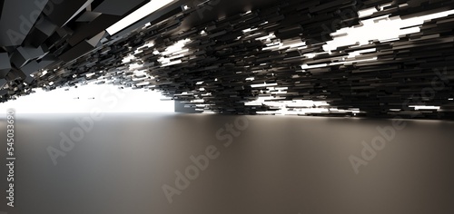 Obraz na płótnie Luxury parametric abstract architectural minimalistic background. Contemporary showroom. Modern black exhibition tunnel. Empty gallery. Neon backlight. Night. Space. 3D illustration and rendering. w salonie