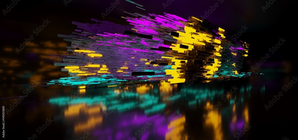 Abstract architectural minimalistic background. Laser show in the ultraviolet spectrum. Modern impulse tunnel. Futuristic space sci-fi frame neon backlight. 3D illustration and rendering.