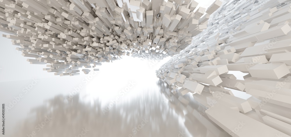 Luxury white abstract architectural minimalistic background. Contemporary showroom. Modern exhibition stand. Empty gallery. Backlight. Polygonal Graphic Design. 3D illustration and rendering.