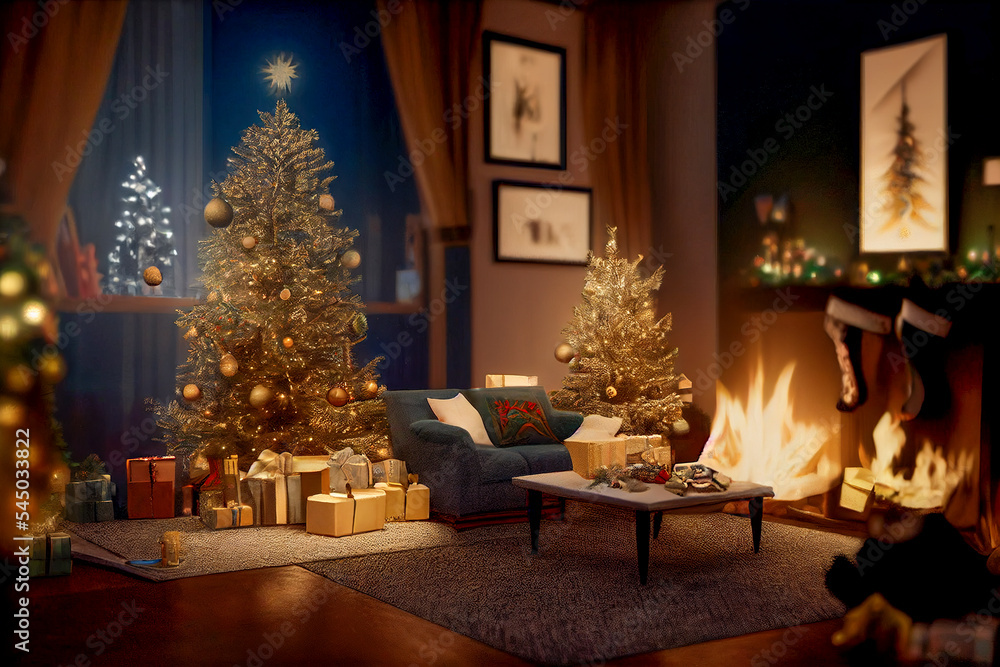 Christmas, New Year interior with magic glowing tree, fireplace and gifts in vintage style. Christmas and New Year holidays background.	