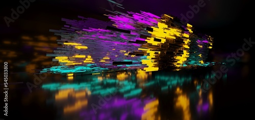 Obraz na płótnie Abstract architectural minimalistic background. Laser show in the ultraviolet spectrum. Modern impulse tunnel. Futuristic space sci-fi frame neon backlight. 3D illustration and rendering. w salonie