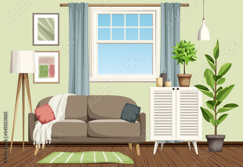 Living room interior design with a sofa, a dresser, and houseplants. Cartoon vector illustration