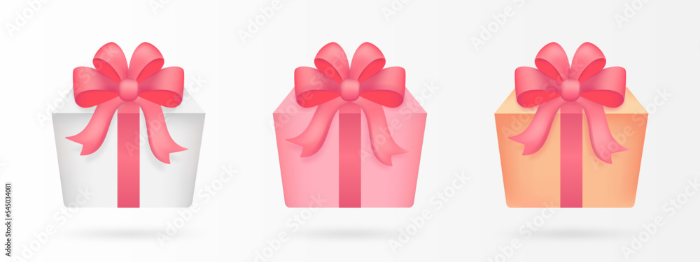 White, red and yellow gift box with red ribbon. 3d vector icons set.