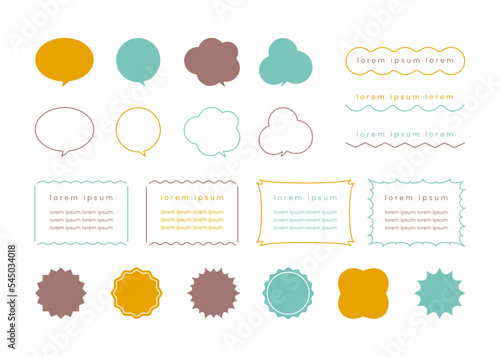 Collection of speech bubbles, stickers, frames for text and titles. Colorful design elements for chat, social media, presentation, marketing materials. © Helga