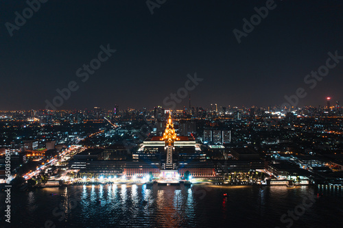 Aerial view of Bangkok skyline and skyscraper with new Thai parliament, Sappaya Sapasathan (The Parliament of Thailand).National Assembly with a golden pagoda on the Chao Phraya River in Bangkok.