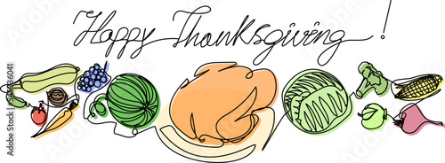 Turkey on the table with food in one line on a white background. thanksgiving day concept with vegetables and fruits. stock vector illustration with colored silhouette.