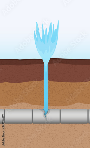 Pipeline break in ground, water main or sewer accident with water fountain. Pipeline in underground with soil layers in section. Sewage system. Land in the section. Vector illustration for education