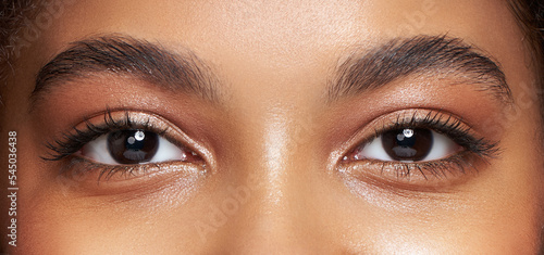 Beautiful female eyes with long eyelashes. Eyelash Extensions. Makeup, Cosmetics, Beauty. Close up, Macro photo