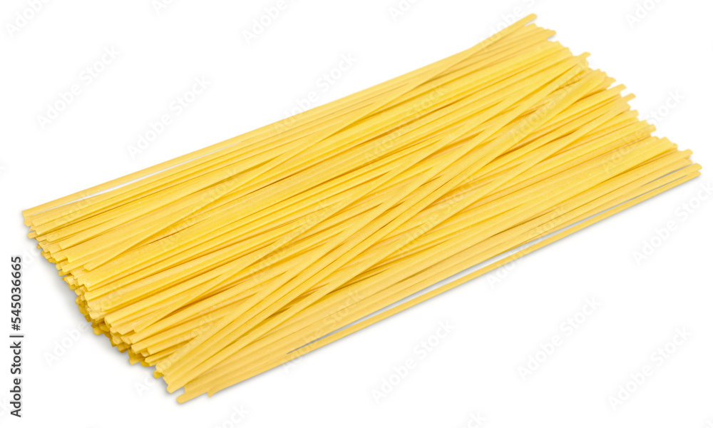 Close-up of raw yellow pasta isolated on white background