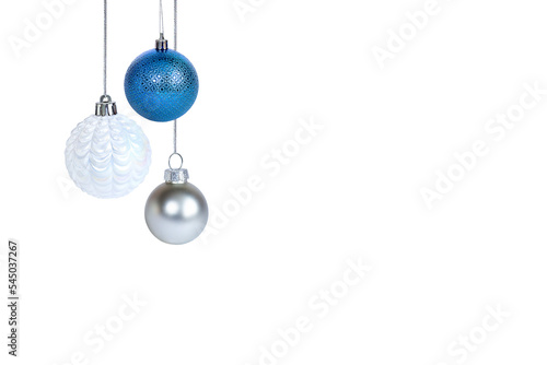 blue and white hanging christmas ornaments isolated on white background