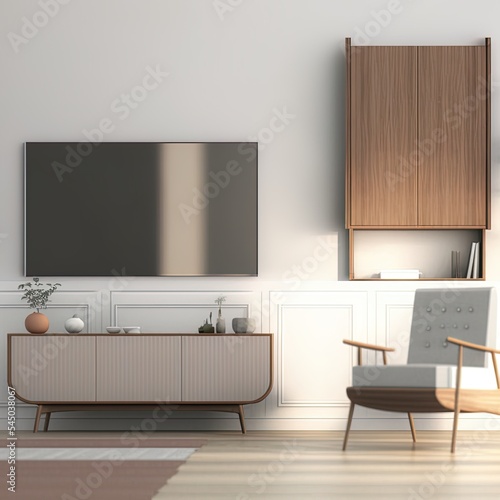 Cabinet tv in modern living room with armchair on white wall background.3d rendering