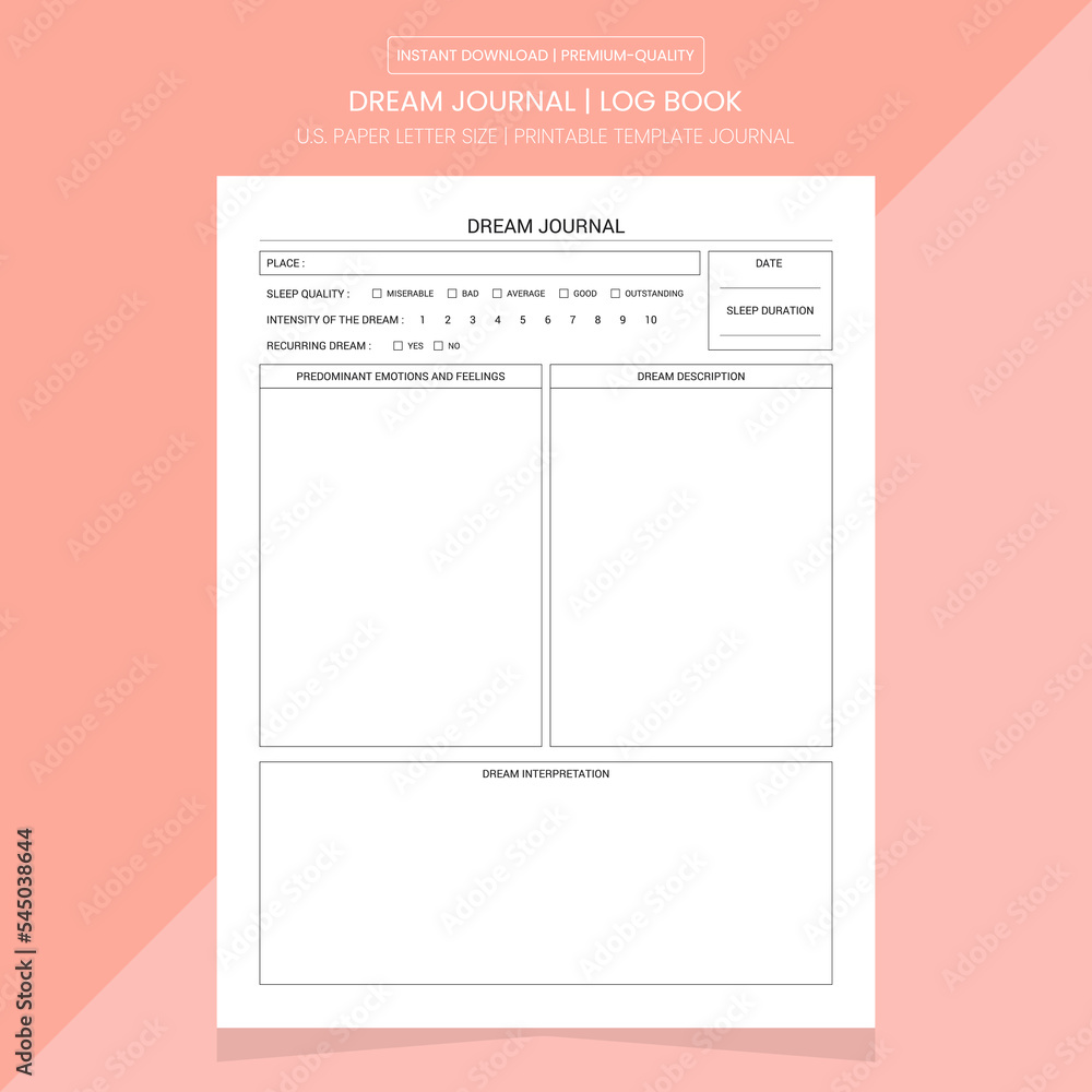 Dream Journal Dream Log Diary Notebook Printable Template Stock Dream Journal Dream Log Diary Notebook Printable Template Stock