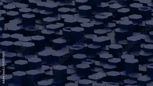 Abstract background with waves made of dark blue gradation futuristic honeycomb mosaic hexagon geometry primitive forms that goes up and down under back background. 3D illustration. 3D CG. © DRN Studio