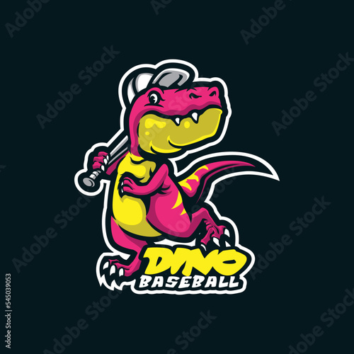 Dino mascot logo design with modern illustration concept style for badge, emblem and t shirt printing. Smart dino baseball illustration with stick in hand.