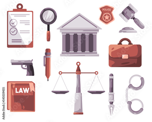Law justice icon set collection in cartoon style illustration from hammer gavel to court building police badge