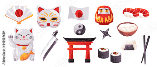 Japan set collection of cultural object items such as maneki neko rate food and flag
