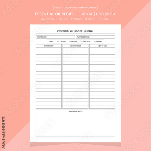Essential Oil Recipe Journal | Essential Oil Recipe Log Book Paper | Notebook Printable Template