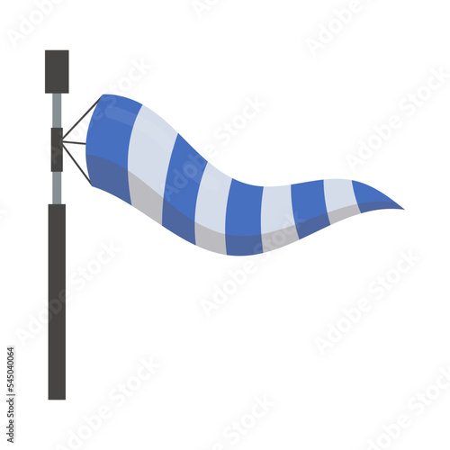 Blue and white windsock cartoon illustration. Striped air sleeve or cone for indicating wind direction and velocity or speed on white background. Weather, meteorology, indicator, warning concept