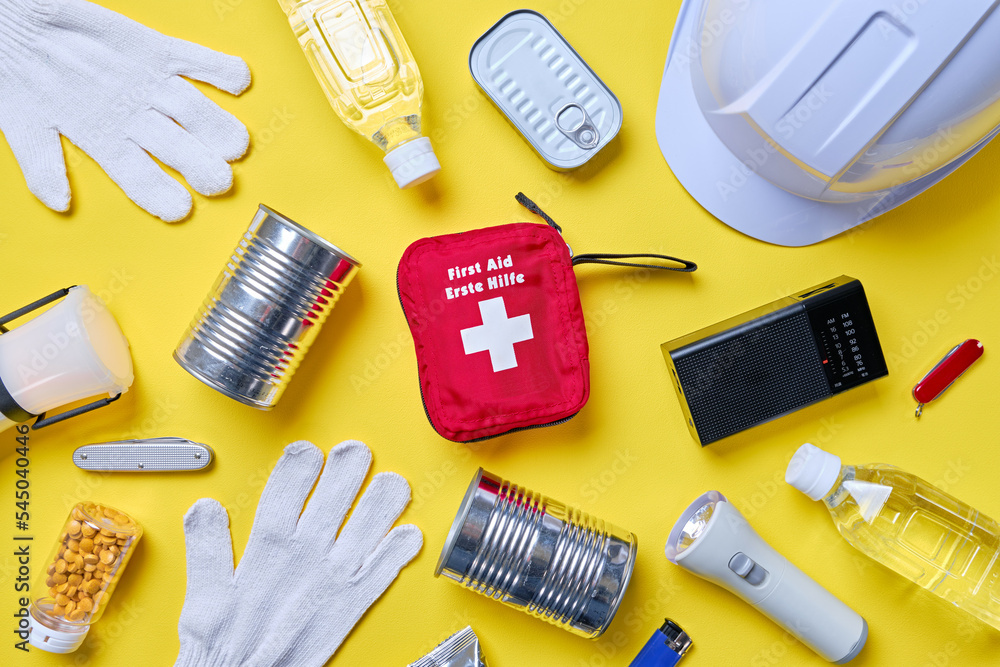 Disaster Preparedness Kit on Yellow Background Disaster Preparedness Kit on Yellow Background