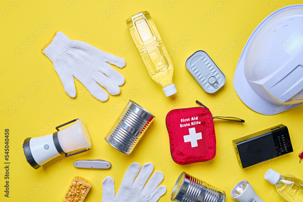 Disaster preparedness kit on yellow background.	 - obrazy, fototapety, plakaty 