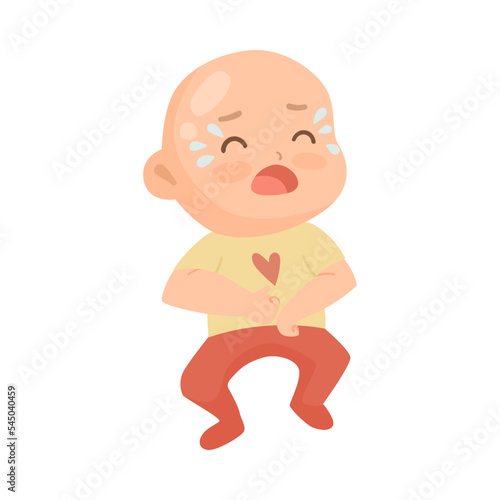 Cute newborn crying cartoon illustration. Sad infant with stomach cramps isolated on white background. Childhood, development, expression concept.