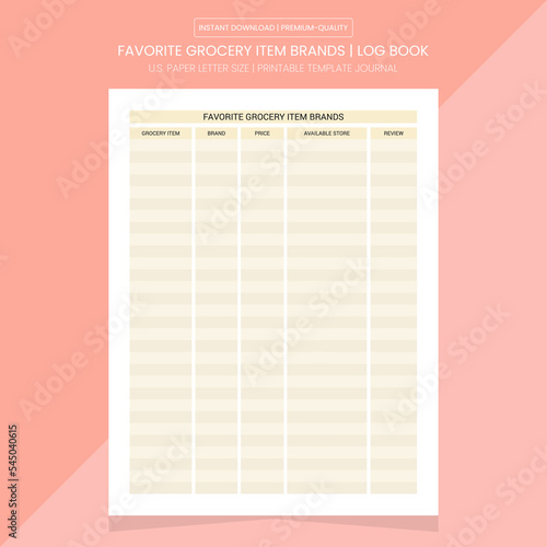 Favorite Grocery Item Brands Log Book | Grocery Item List Journal | Printable Template