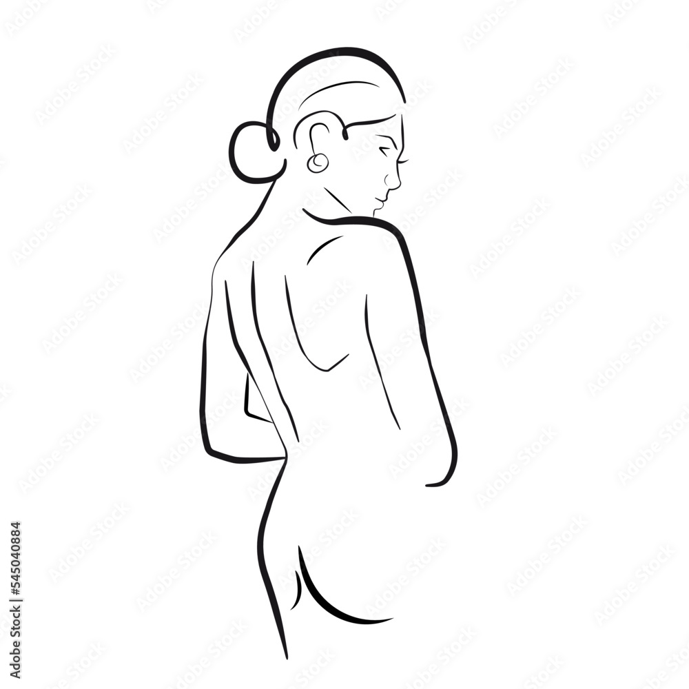 Fototapeta premium Modern Trendy Line Art Drawing of Naked Woman Body. Female Figure Line Art Nude Vector Illustration for Wall Decor, Spa, T-shirt, Print, Poster. Female Body Creative Drawing in Modern Linear Style