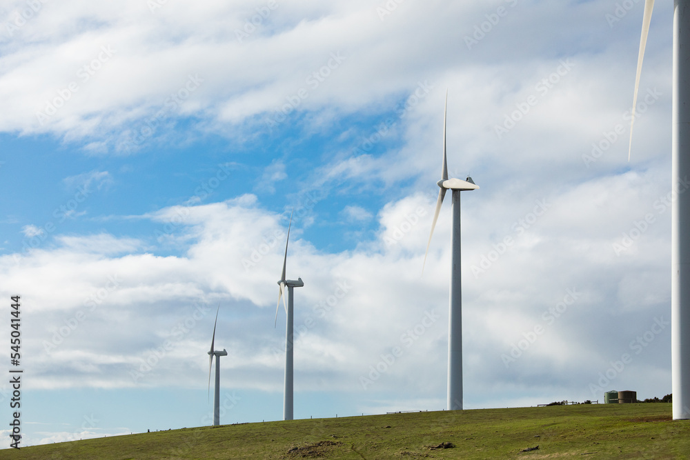 Three wind turbines on a bare grassy hill in the Fleurieu Peninsula. Three wind turbines on a bare grassy hill in the Fleurieu Peninsula.