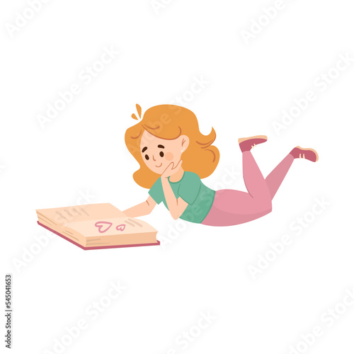 Happy blonde girl reading book cartoon illustration. Smart girl lying, reading love story. Education, leisure, hobby, library concept