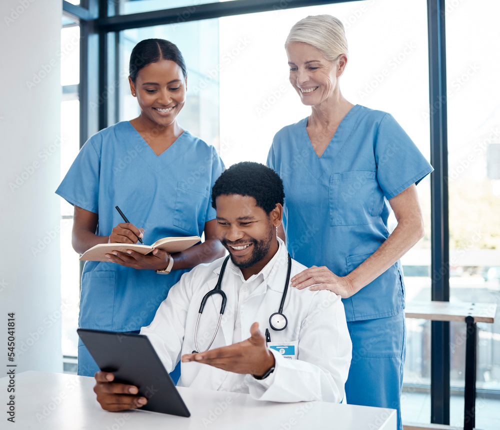 People in hospital, medical team meeting doctor or digital innovation in healthcare with professional advice. Black man in expert career, results of experiment test or nurse group research medicine