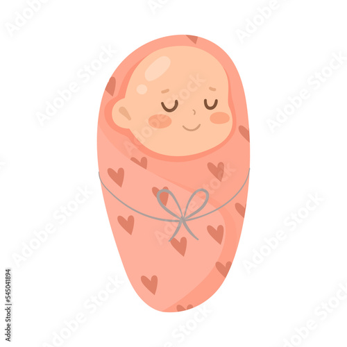 Cute newborn baby sleeping cartoon illustration. Happy infant in pink blanket isolated on white background. Childhood, development, expression concept.