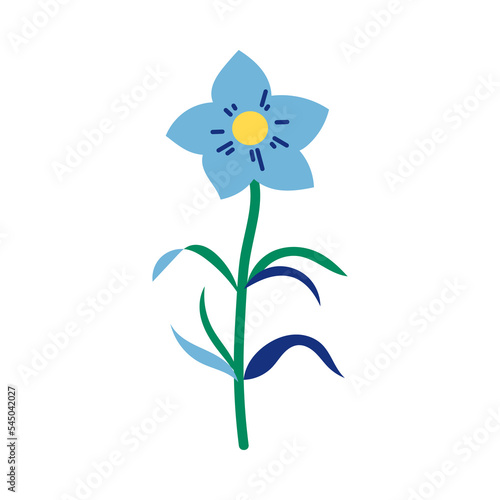 Flower in light blue and yellow colors with long stem. Beautiful plant on white background cartoon illustration. Nature  greenery  flora concept