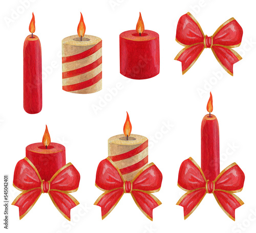 Set of isolated watercolor and gouache elements. A Christmas candle. Candle and bow. Christmas decorations. Decoration for Christmas. Painting. Color illustration.
