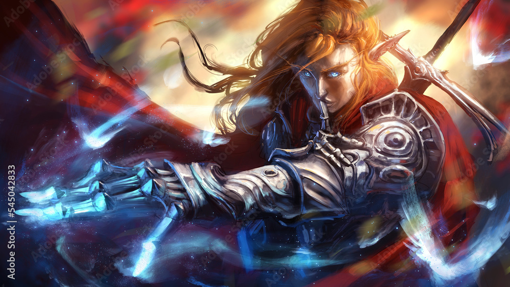 Fototapeta premium beautiful red haired elf knight in vintage armor makes an elegant gesture with her palm, leaving a magical blue trail of light from butterflies, as well as a gesture of silence with her finger. 2d art